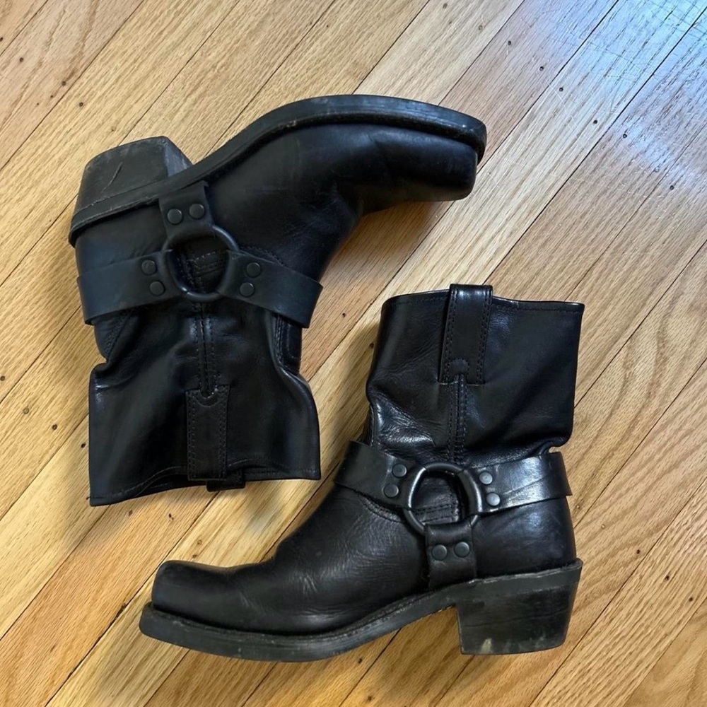Frye Black Leather Harness Short Moto Boots